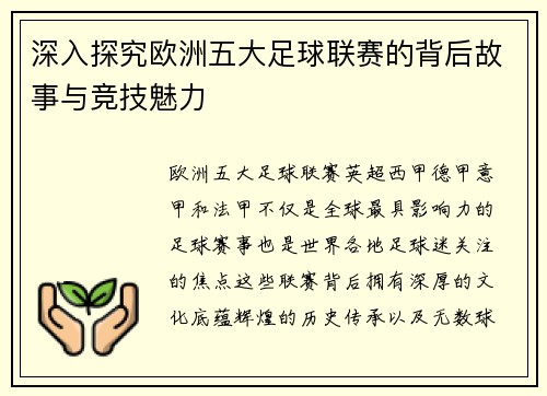深入探究欧洲五大足球联赛的背后故事与竞技魅力