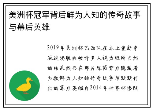 美洲杯冠军背后鲜为人知的传奇故事与幕后英雄 美洲杯冠军背后鲜为人知的传奇故事与幕后英雄